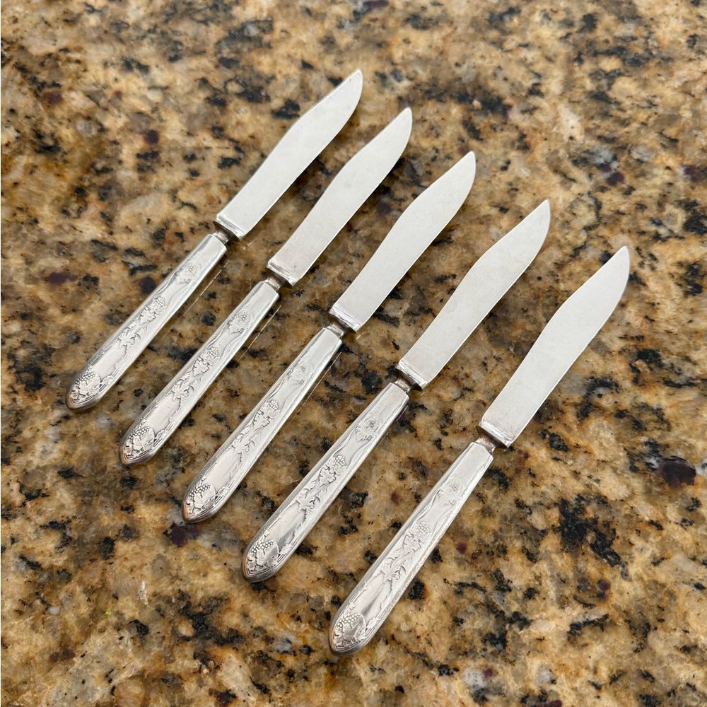 Set of 6 vintage Wm A Rogers silver plate Fruit Knives. Vine and grape design.